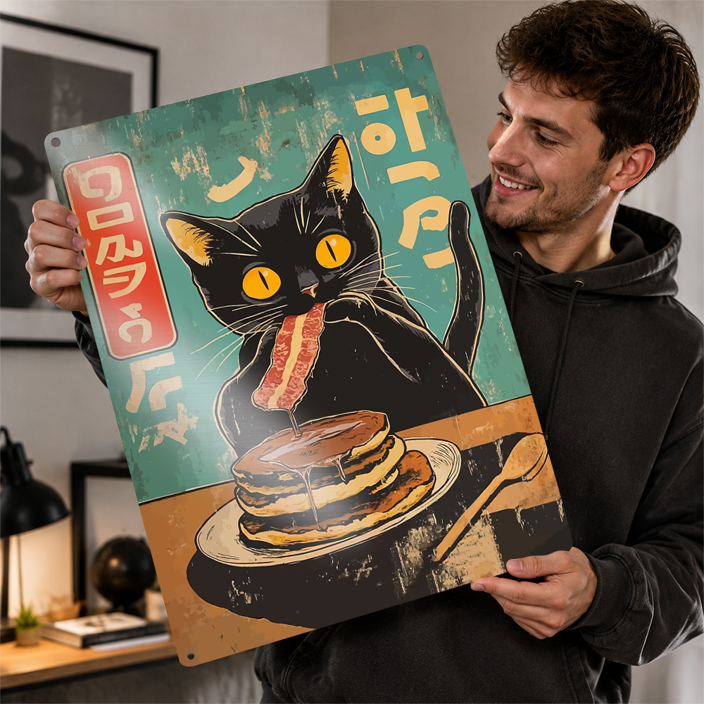 Home Cooking Japanese - Zwarte kat die pannenkoeken eet, bedrukte