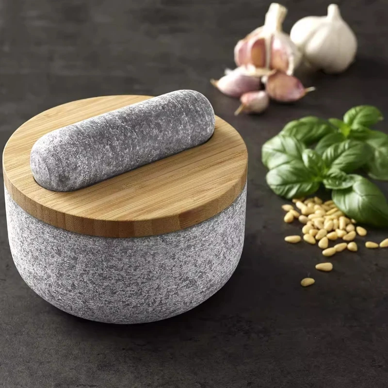 Mortar Pestle Granite - Bamboe deksel granieten vijzel, stenen mortier,